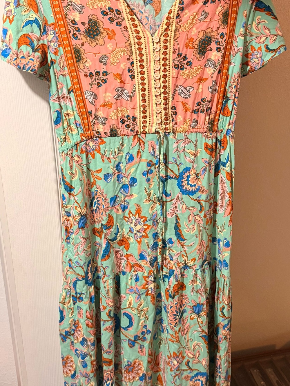 Boho Floral Tiered Maxi Dress in Mint and Coral